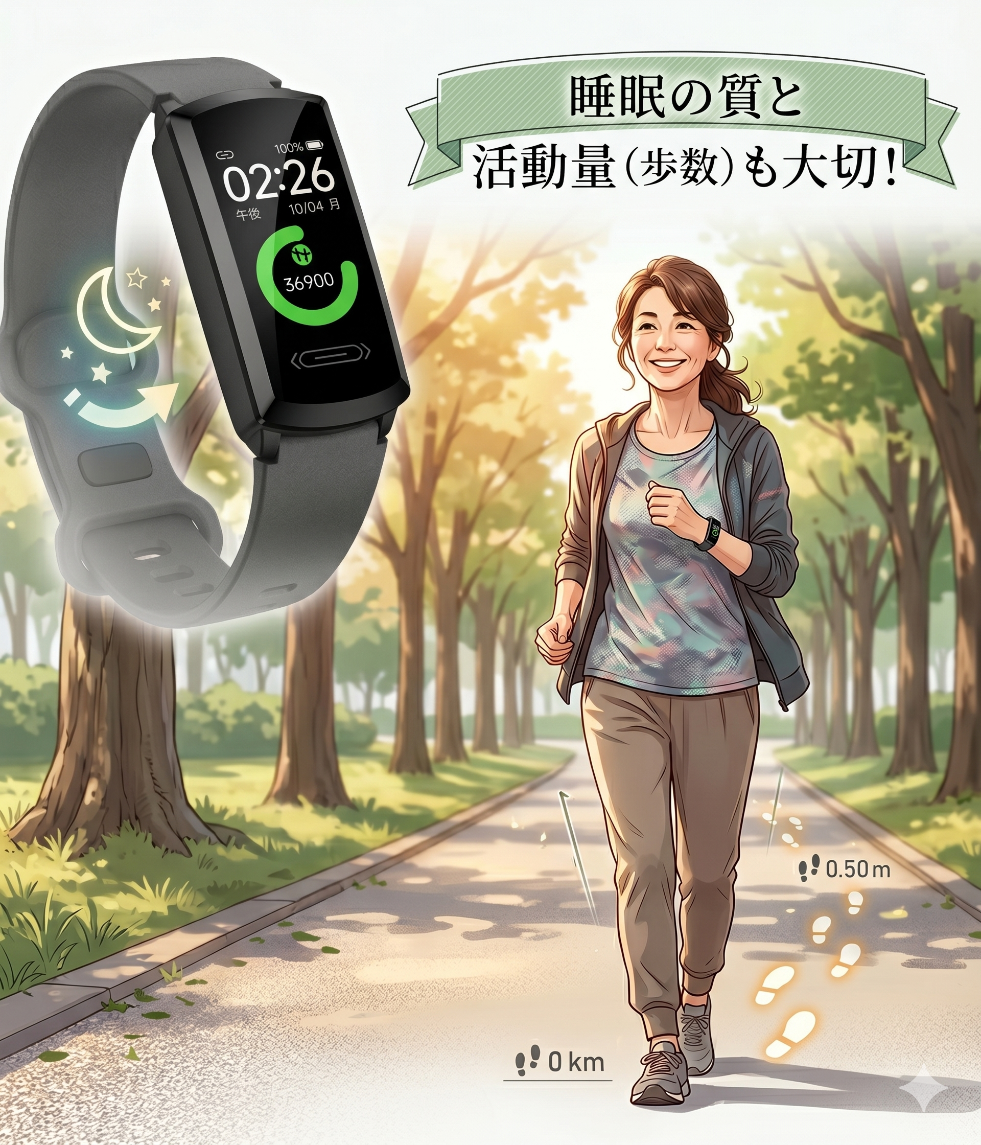 笑顔で食事をするシニアご夫婦とスマートバンド、AIチャット画面