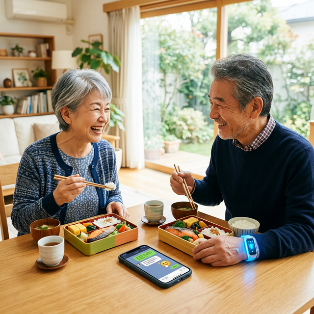 笑顔で食事をするシニアご夫婦とスマートバンド、AIチャット画面